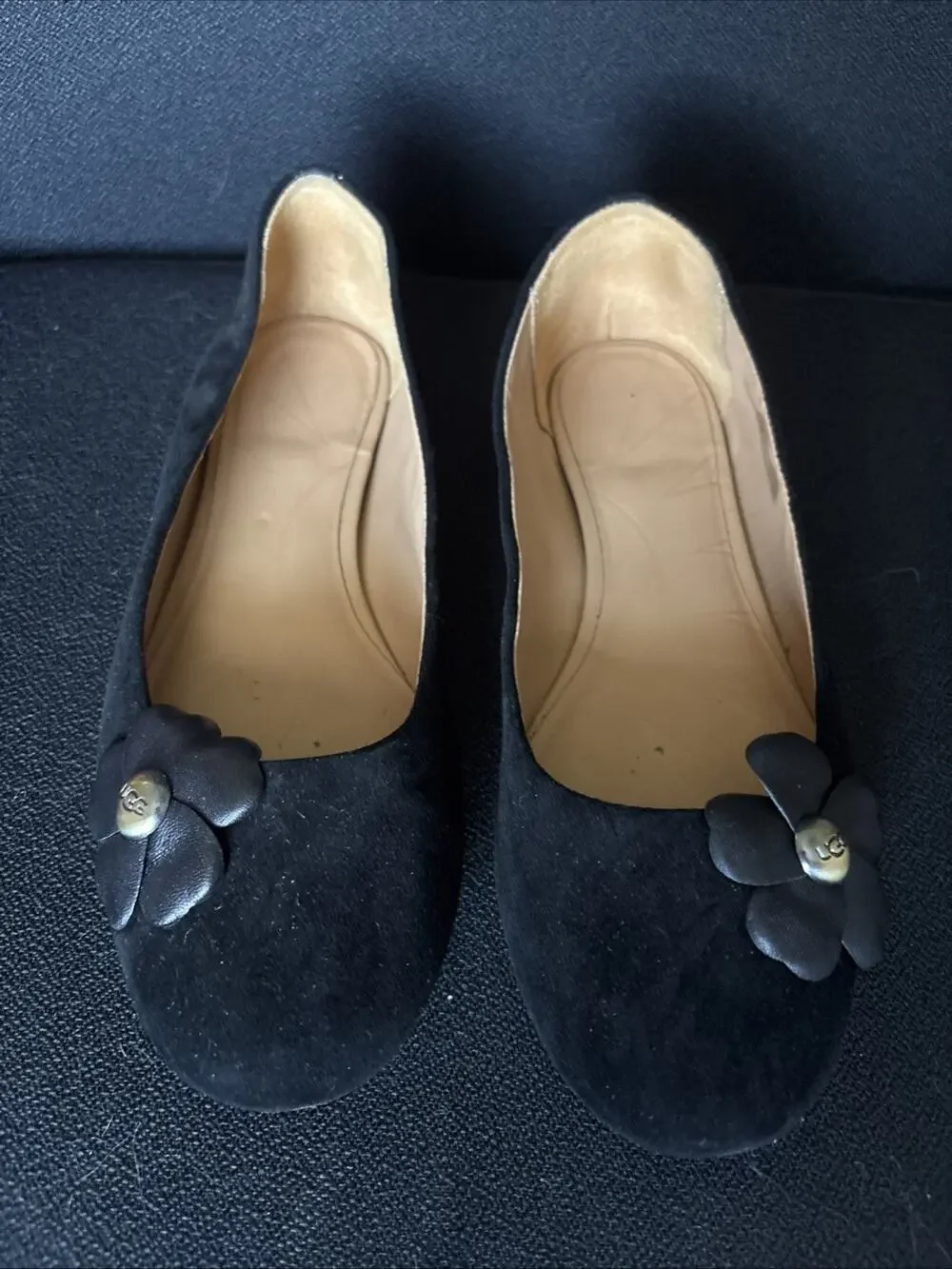 Ugg Women’s Black Suede Ballet Floral Flats Size 7.5
